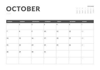 Monthly page Calendar Planner Templates of October 2024. Vector layout of simple calendar with week start Monday for print. Page for size A4 or 21x29.7 cm