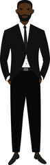 A man in a black suit, of African or African-American appearance. Businessman, employee, boss, business look.