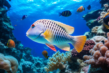 Naklejka na ściany i meble Bright bigcolorful fish swims underwater between corals