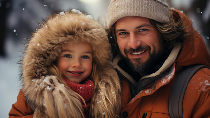 Obraz premium Nice photo of father and daughter in winter scene, Father and daughter enjoy winter outdoors