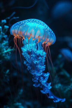 Transparent blue jellyfish in blue water on a dark background