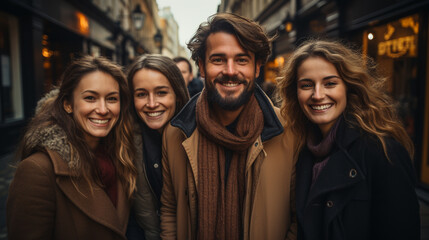 photo of a group of friends walking on a city street in winter