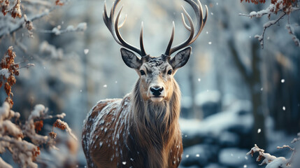 Reindeer in winter forest, magical scene