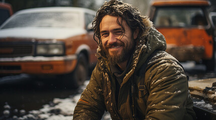 Portrait of smiling man and his car in winter snow