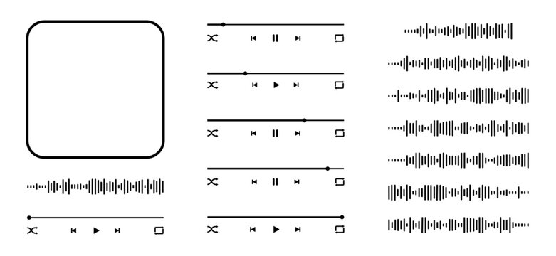 Audio mp3 player interface template and constructor elements with album cover frame, buttons, loading bar and equalizer icons. Music playback design isolated on white background. Vector illustration 