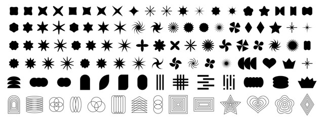 Aesthetic y2k icons. Set of trendy retro shapes isolated on white backgrond. Simple black star, flower, heart, rhombus symbols in 70s, 80s, 90s geometric style. Vector graphic illustration. - obrazy, fototapety, plakaty