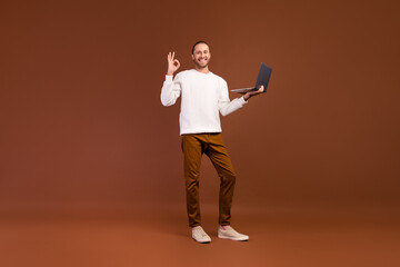 Fototapeta na wymiar Full length photo of positive confident man wear white sweater showing okey typing modern gadget isolated brown color background