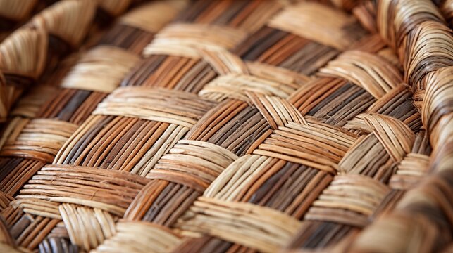 A close-up of woven straw basket with natural patterns
