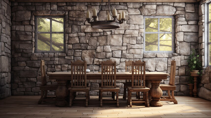 Fototapeta na wymiar A 3D stone wall pattern in a rustic dining room with a wooden table and wrought iron chairs.