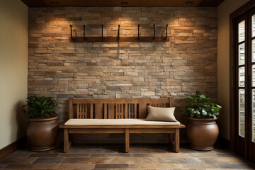 A 3D stone mosaic wall pattern in a rustic entryway with a wooden bench and iron coat hooks.
