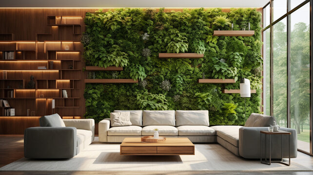 A 3D Vertical Garden Wall Pattern In An Eco-friendly Living Room With Sustainable Furniture And Natural Light.