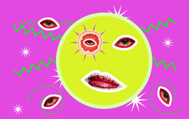 Eyes and lips on a pink background, collage in pop art style