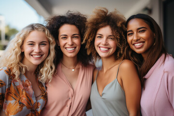 Obraz premium friendship of different nations, together diverse cultures, traditions, values, shared humanity, cooperation, respect , multiethnic friends young beautiful, team group smiling friends.