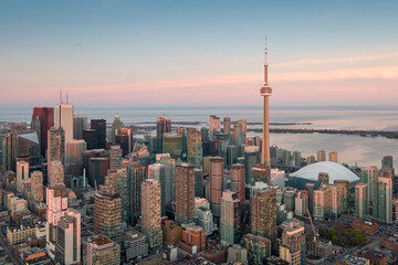 Aerial view of Toronto Financial District at sunset, Ontario, Canada.