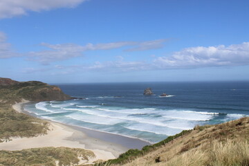 New zealand sandy beach white and green gras blue sky