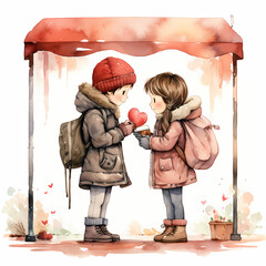 A Valentines Day themed clipart with kids exchanging