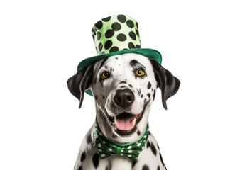 St. Patrick's Day Hat on a Dalmatian with Emerald Spots, Isolated on Transparent Background, PNG