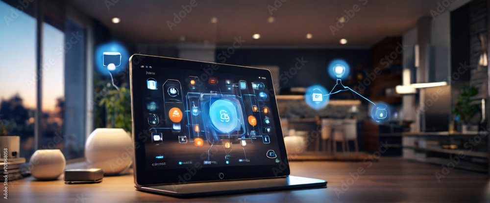 Poster illustrate the concept of the internet of things with an image of a smart home, featuring various co