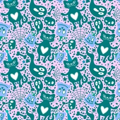 Muurstickers Halloween cat seamless pumpkins and ghost pattern for wrapping paper and fabrics and linens and kids clothes © Tetiana