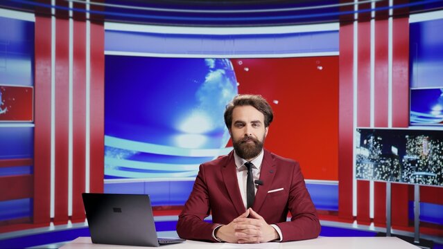 Journalist broadcasting politics news on tv program, presenting updates and commentaries on international television. Young tv broadcaster talking about world informations and scandals.