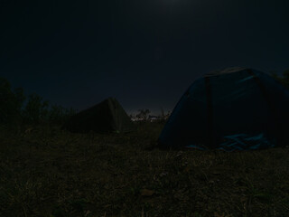 View of camping tents on a hill at a camping site located near Trois Mamelles, Mauritius