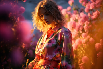 Portrait of a fashionable girl posing in colorful flowers during sunset.