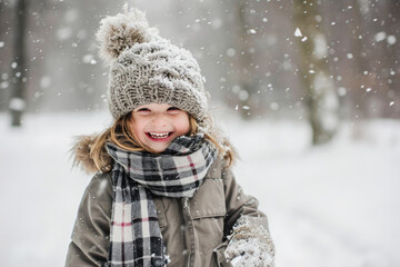 Fototapeta na wymiar Happy kid wearing warm clothes plays outdoors with snow in winter.