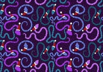 Christmas cartoon animals seamless snake and Santa hat pattern for new year wrapping paper and fabrics