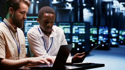 Teamworking experts doing maintenance on servers helping businesses manage databases, host websites...