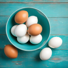 Eggs in a bowl on a turquoise vintage surface