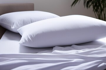 White fresh crispy pillow case on bed in bedroom