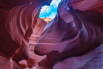 Beautiful wide angle view of amazing sandstone formations in famous Antelope Canyon on a cloudy day...
