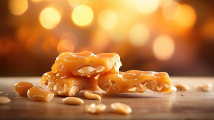 A bokeh shot featuring a blurred background with a single piece of peanut brittle in the foreground, creating an artistic effect and drawing attention to the texture and shape of the candy.