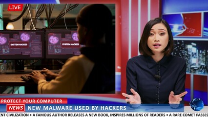 Asian presenter discusses malware attack and danger of hacking accounts, presenting cyber security...