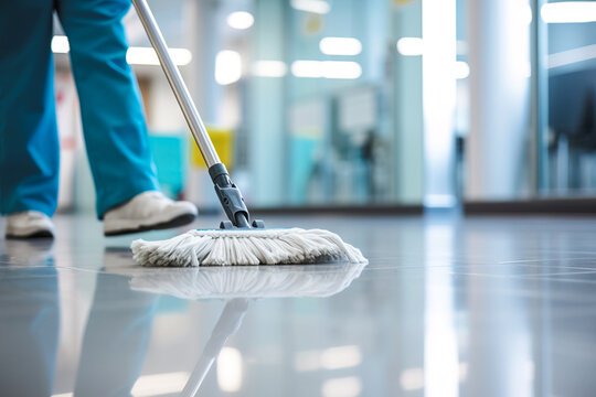 Low angle view of a person cleaning hospital hall with mop. Close up image