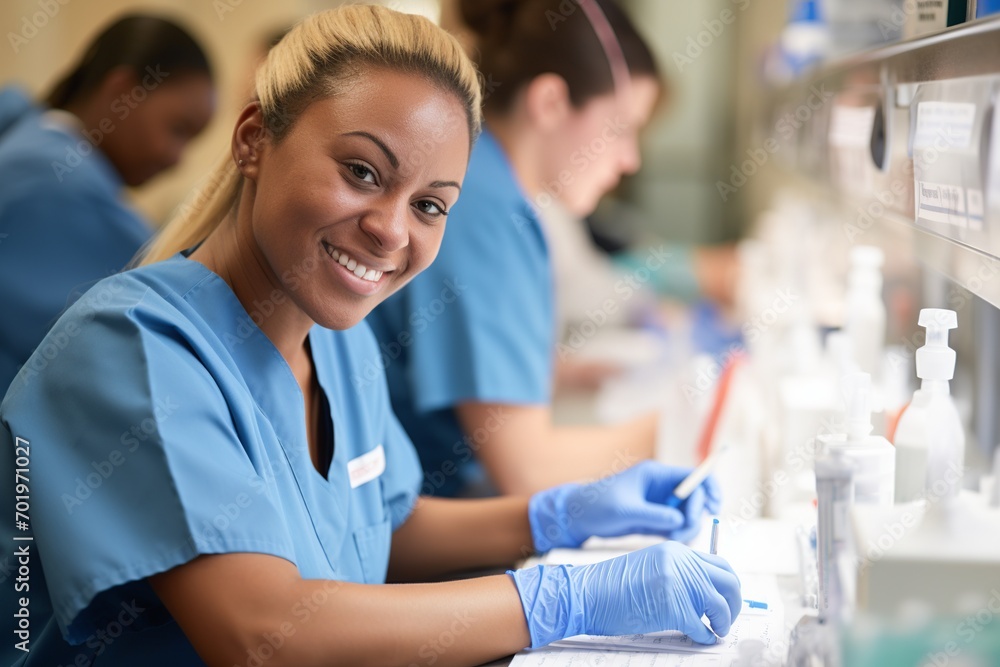 Poster professional nursing assistant performs routine patient check-ups and updates health records diligen