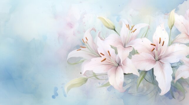 Watercolor illustration of white pink lilies bouquet on soft blue background with aquarelle splashes and stains. Banner with copy space. For greeting card, event invitation, promotion, advertising