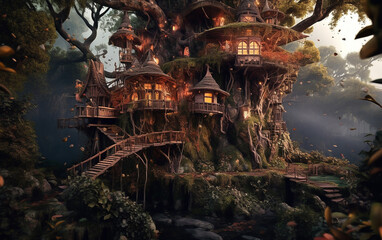 Fantasy tree house in dark wild jungle