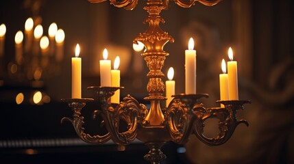 An elegant candelabra resting atop a grand piano, with the faint sound of classical music filling...