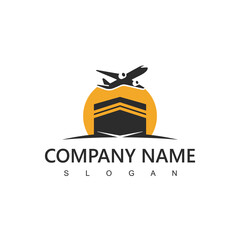 Hajj and umrah agency logo, tour and travel icon. flying airplane with kabah illustration.