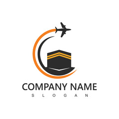 Hajj and umrah agency logo, tour and travel icon. flying airplane with kabah illustration.