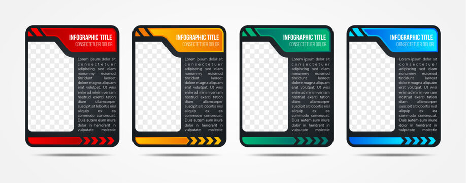Vector simple multipurpose infographic template with rectangle photo placeholders and text blocks. Business company overview profile, four gradient color blocks selected. black background