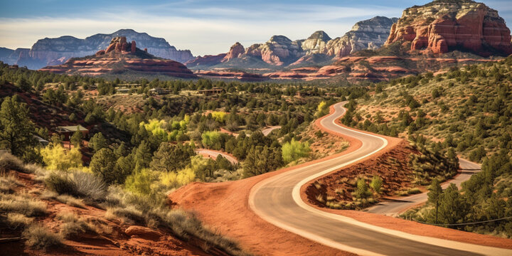 road to the mountains .Traffic on highway next to bell rock and courthouse , , aerial  .