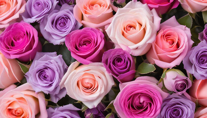 Fototapeta premium Beautiful Valentine's Day Background with Multicolored Flowers. Floral Wallpaper with Pink and Lilac Roses.