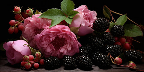 A cluster of plump blackberries .Mulberry and leaves on a dark background red and black berries .
