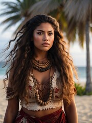 Beautiful Polynesian woman in traditional clothing posing on tropical beach. Islander woman portrait 