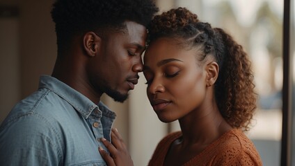 African American couple in love facing each other with closed eyes touching forehead - obrazy, fototapety, plakaty