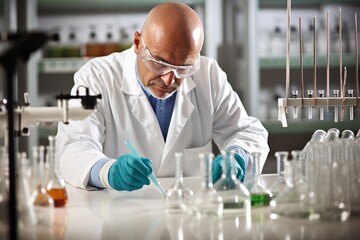 A dedicated chemical engineer works in a laboratory, carefully conducting experiments with diverse substances while wearing safety goggles and a lab coat - obrazy, fototapety, plakaty