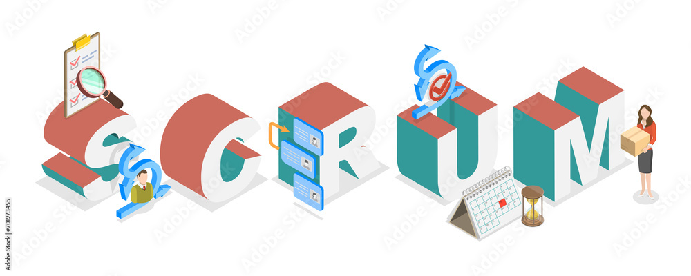 Poster 3d isometric flat illustration of scrum, software development framework