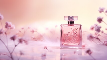 A 3D render of a pink perfume bottle with a soft focus on the foreground and background.